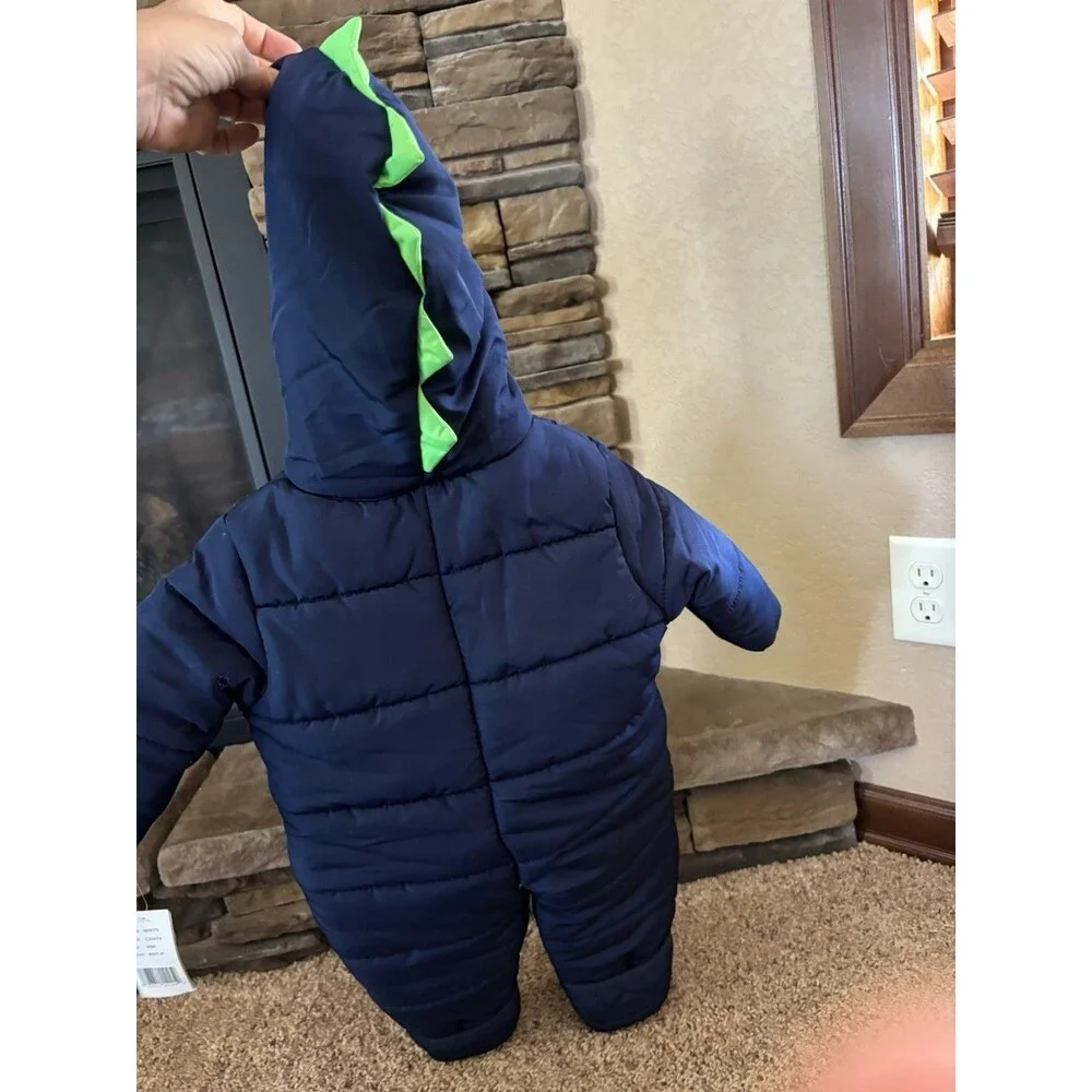 Carters 6-9 Months Dinosaur Snowsuit New Navy And Green One Piece Hood NEW